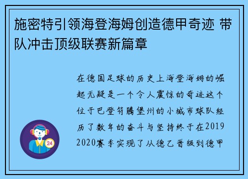 施密特引领海登海姆创造德甲奇迹 带队冲击顶级联赛新篇章 施密特引领海登海姆创造德甲奇迹 带队冲击顶级联赛新篇章